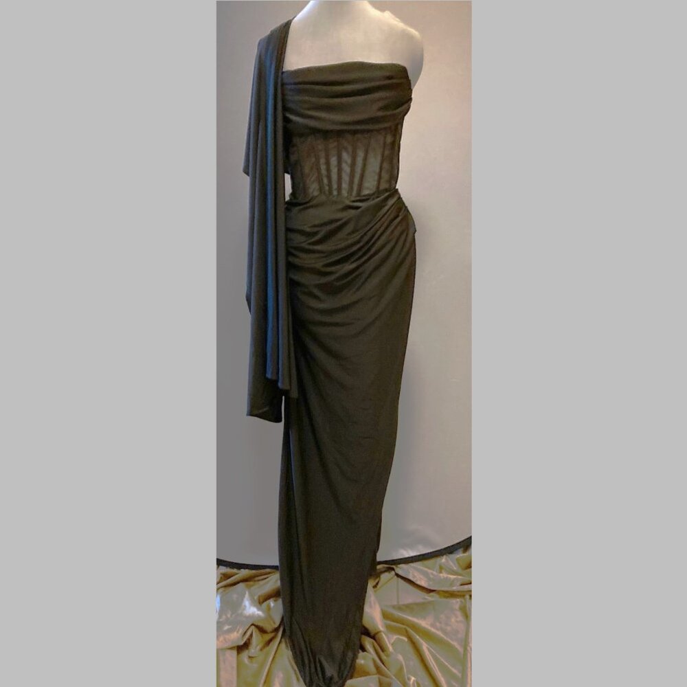 Strapless long corset gown with elegant draping